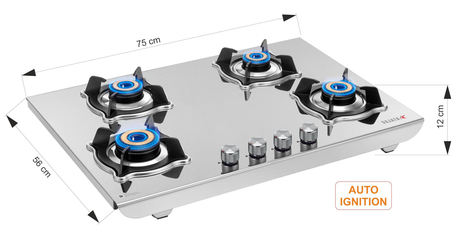 Sujata Robusto Gas Stove 4 Burners | 9 Years Warranty, ISI Certified | 4 Burner Gas Stove Stainless Steel Auto Ignition, LPG Ready & PNG Compatible, SABAF, 360° Rotating Nozzle, Jumbo Brass Burner