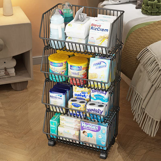 TARKAN 4-Tier Mesh Metal Kitchen Trolley with Wheels, Storage Organizer Rack (Black)