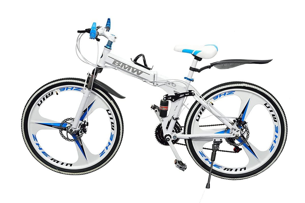 TRZINO BMV X6 Foldable Cruiser Bicycle | 26-Inch White Bike with 21-Speed Gears, Dual Disc Brakes, Hydraulic Suspension, and Strong Carbon Steel Frame | Great for City Rides and Off-Road Adventures