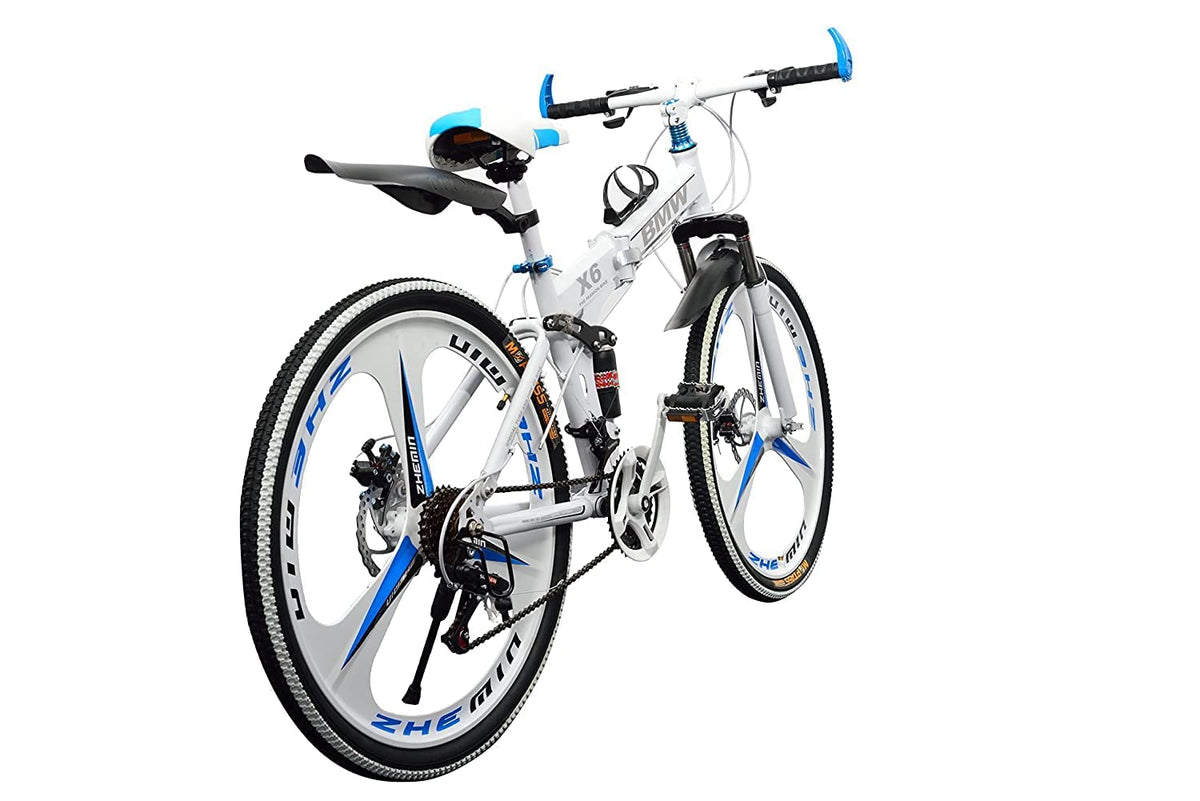 TRZINO BMV X6 Foldable Cruiser Bicycle | 26-Inch White Bike with 21-Speed Gears, Dual Disc Brakes, Hydraulic Suspension, and Strong Carbon Steel Frame | Great for City Rides and Off-Road Adventures