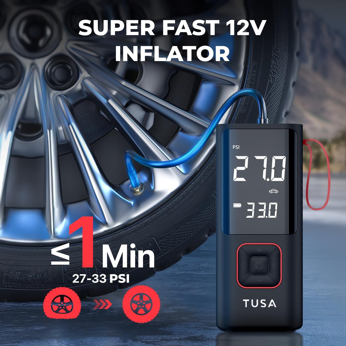TUSA Cordless Tyre Inflator - 6000 mAh Battery - 2X Faster Inflation - Dual Mode (Battery & 12V Car Port), 150PSI Air Compressor for Cars, Bikes, Motorcycles, Balls, and Inflatables (Red)