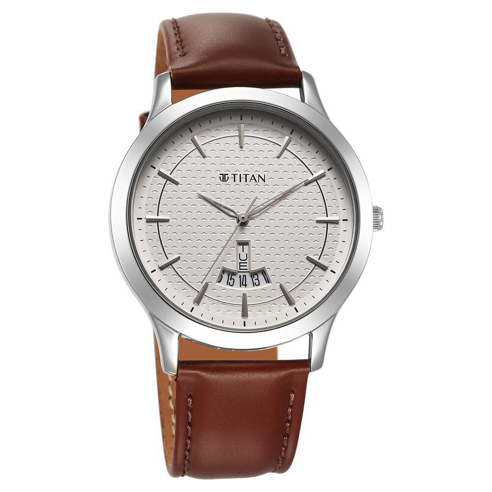 Titan Karishma Quartz Analog Silver Dial Leather Strap Watch for Men-1825SL15