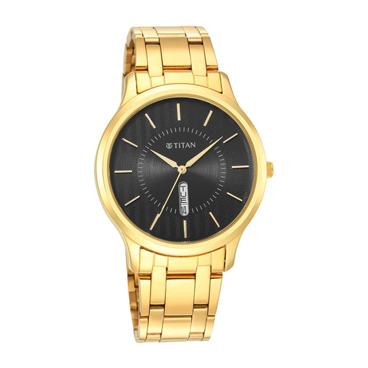 Titan Quartz Analog with Day and Date Black Dial Stainless Steel Strap Watch for Men-NS1825YM02