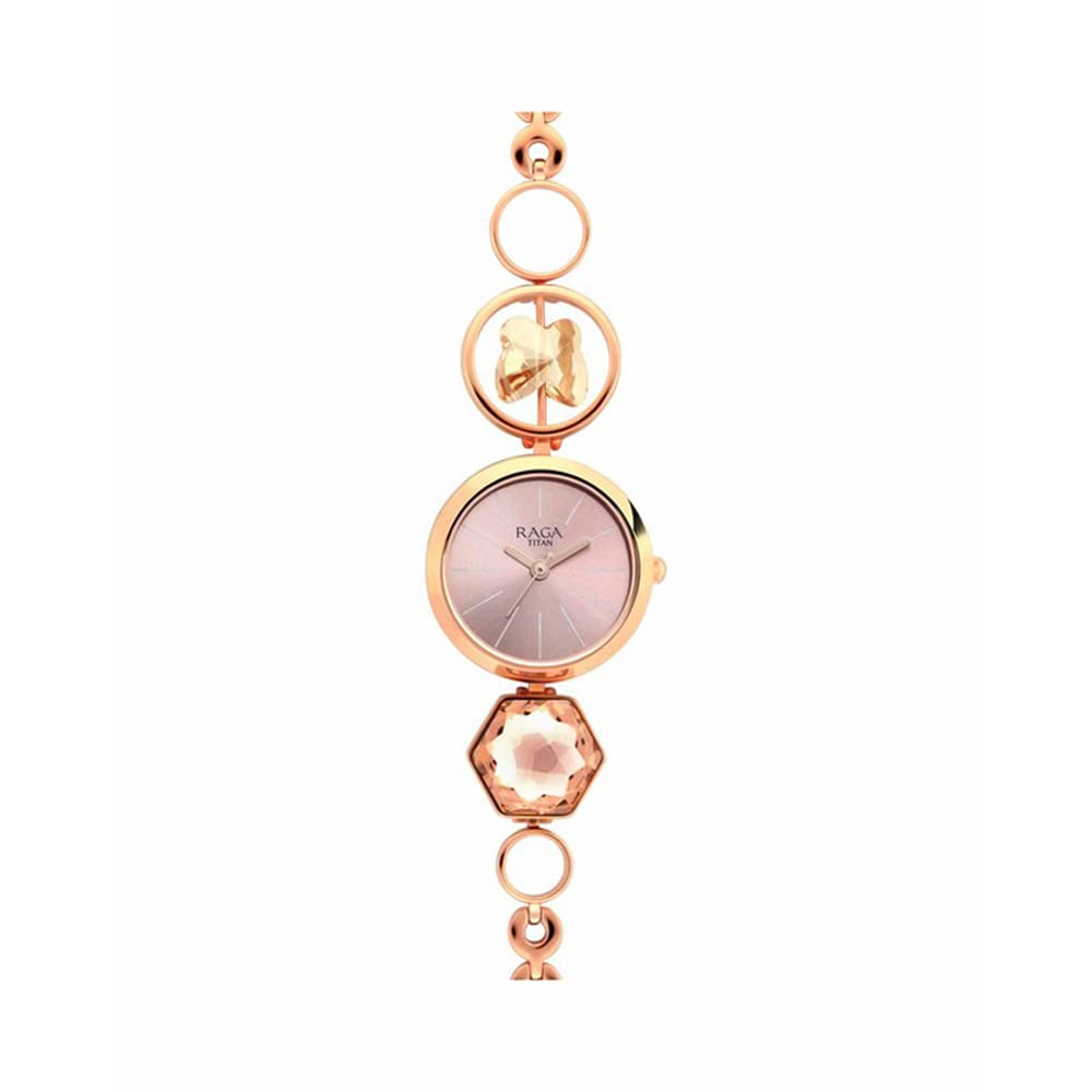 Titan Raga Women's Grace Analog Watch: Mother of Pearl Pink Dial & Rose Gold Band Ornate Bracelet Metal Watch-NS2606WM09