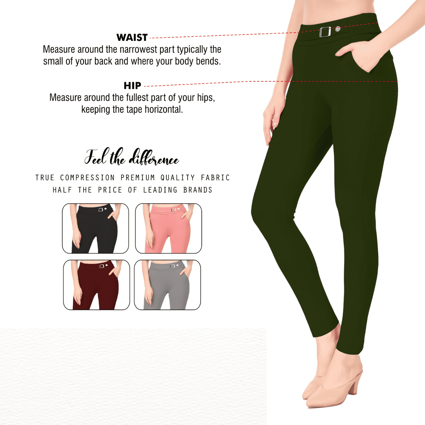 Most Comfortable Women's Mid-Waist Jeggings with 2 Front Pockets - Leaf Green