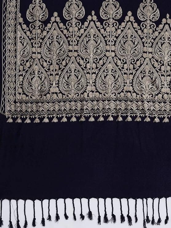 VANDNA INTERNATIONALTRADERS Kashmiri Tilla/Zari Embroidered Black Wool/Pashmina Shawl for Women - Luxurious Ethnic Indian Wedding Wrap Scarf | Traditional Border Design | Winter Warm Stole.(Black)