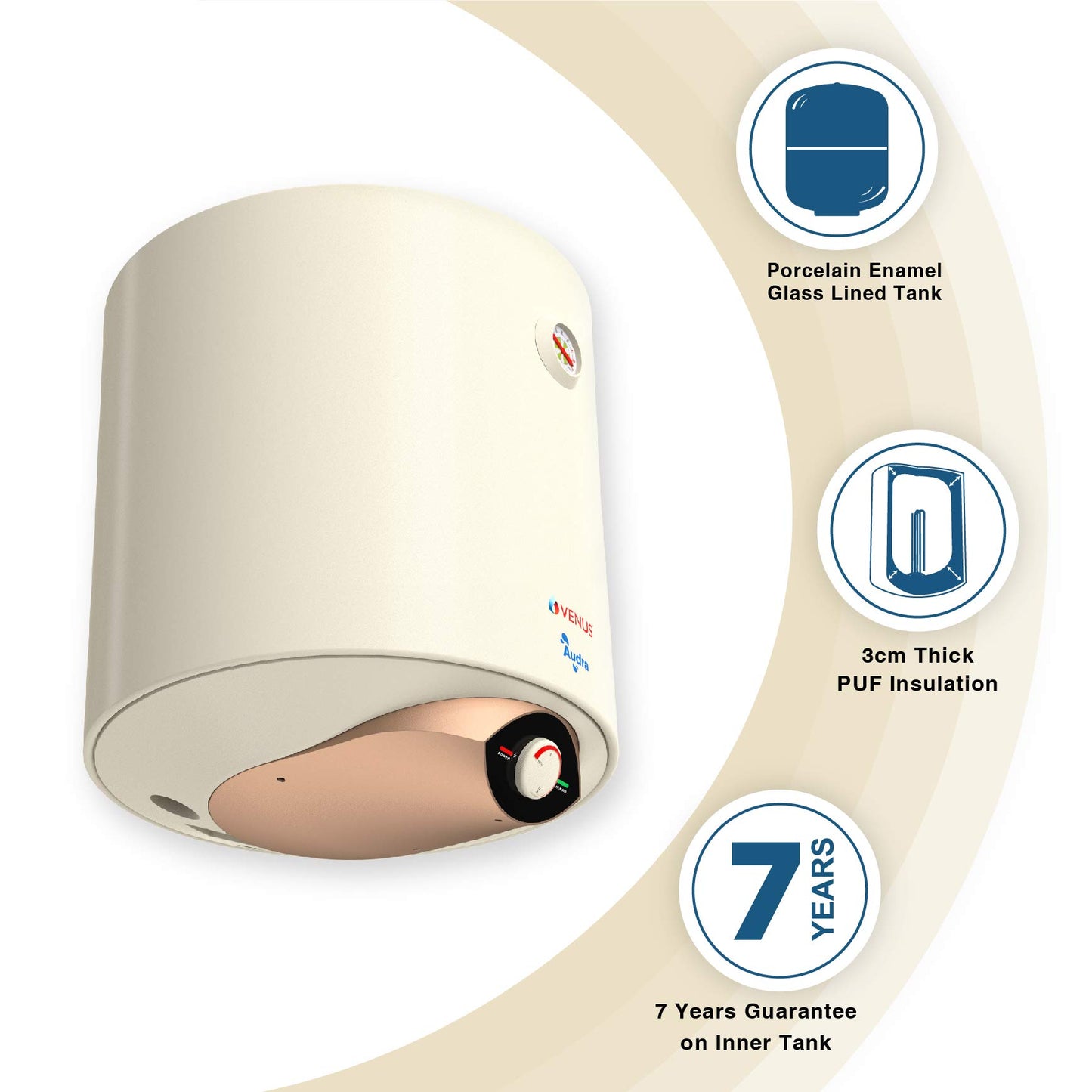 VENUS Audra 10AV 10-Litre (Ivory) Water Heater, Porcelain Enamelled Glass Lined Tank | BEE Star Rating - 5 Stars:ISI | Free Flexible Hose | Guarantee -7 Years on Inner Tank.