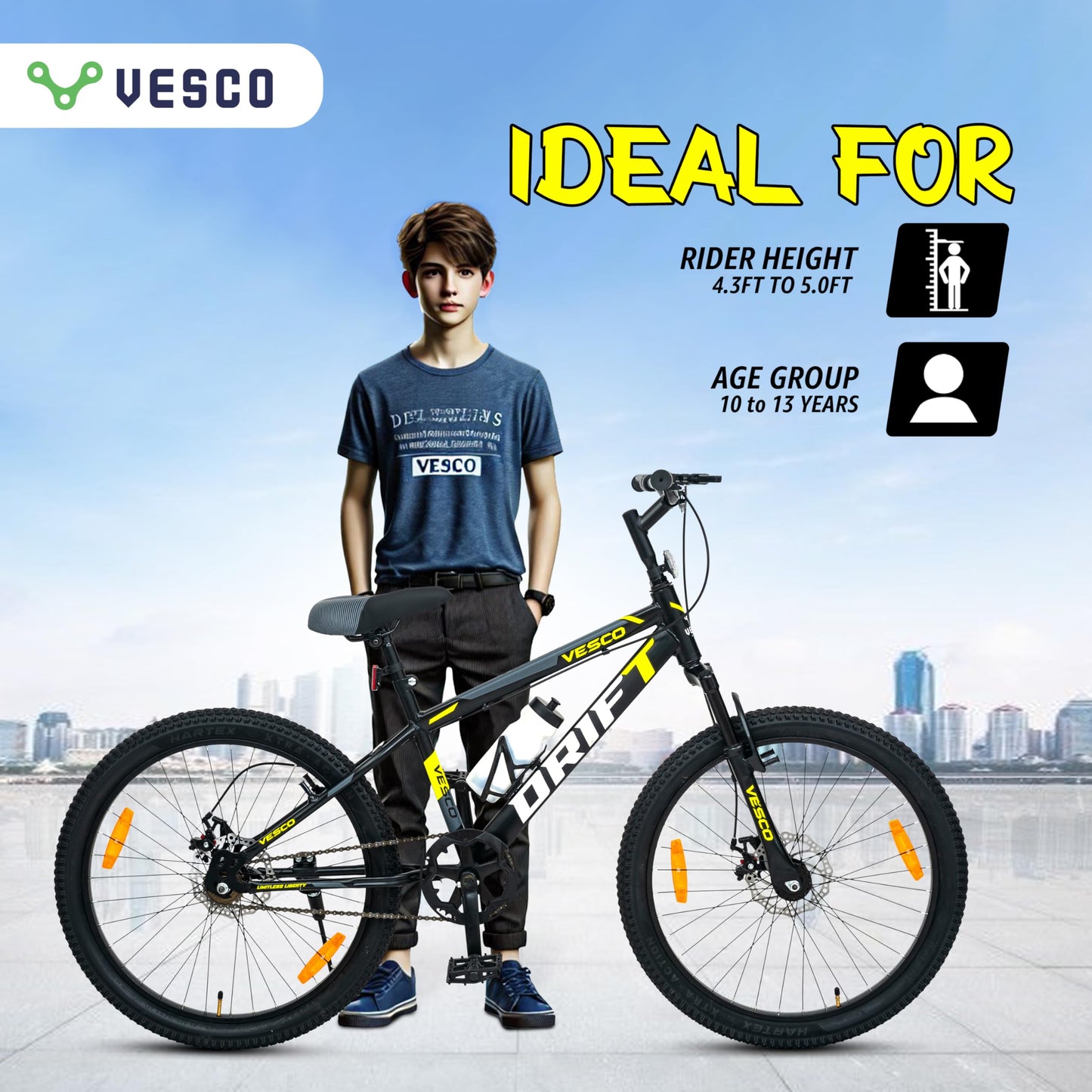 VESCO 24 T Drift Cycle for Big Kids MTB Mountain Bike | Dual Disk Brake & Front Suspension Single Speed Bicycle for Boys and Girls | 16 inches Frame | Ideal for 9-14 Years (Black)