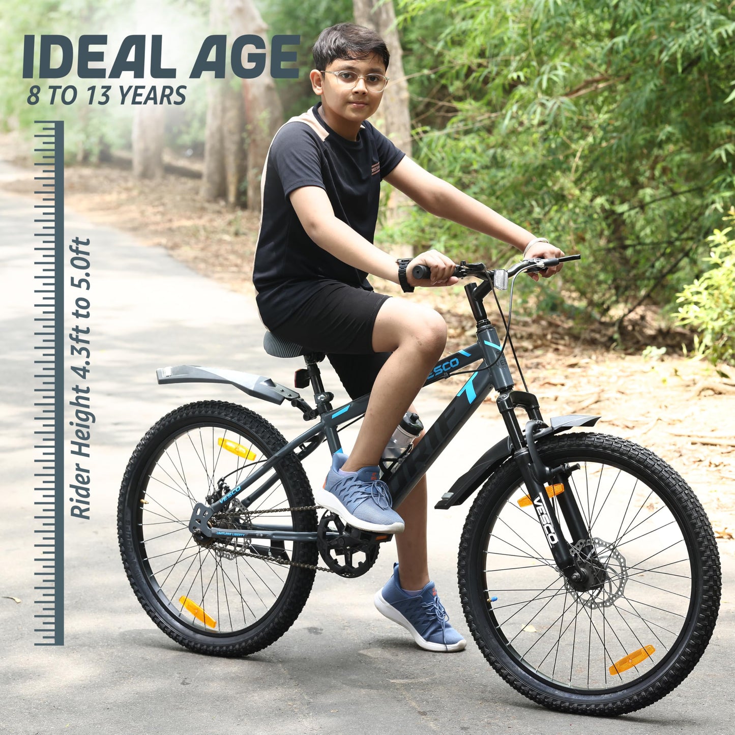 VESCO 24 T Drift Cycle for Big Kids MTB Mountain Bike | Dual Disk Brake & Front Suspension Single Speed Bicycle for Boys and Girls | 16 inches Frame | Ideal for 9-14 Years (Grey)