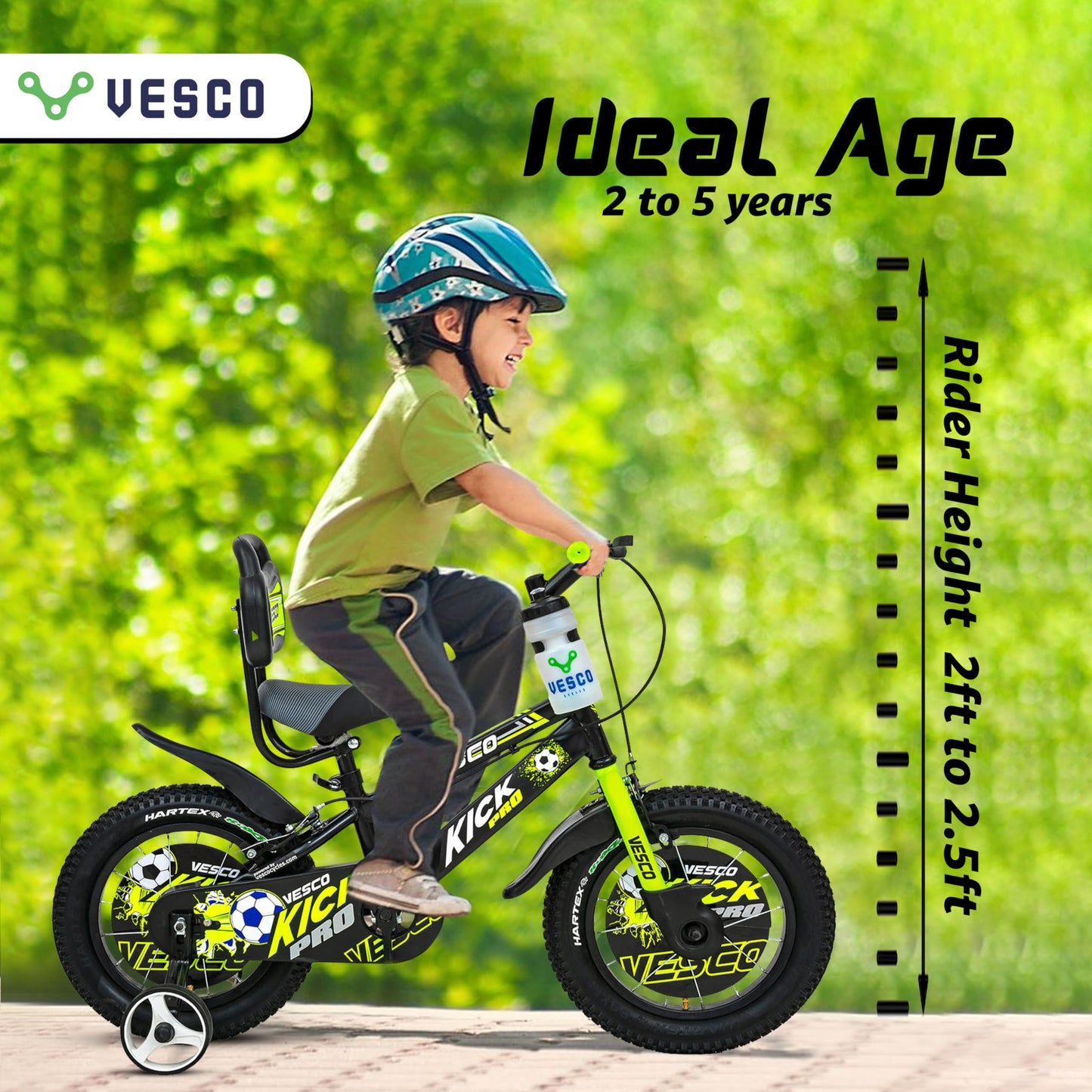 VESCO Kick Pro 14 T Kids Cycle with Balance Wheel & Back Rest Seat/Water Bottle | Frame 9 Inch | Ideal for 3 to 5 Years Boys & Girls (Green)