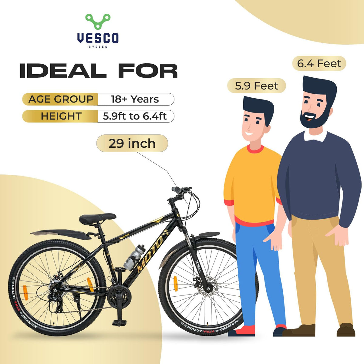 VESCO Moto 29-T MTB 21 Speed Shimano Gear Cycle for Men | Dual Disc Brake | Front Suspension | Frame 18 Inch | Mountain Bike | Ideal for 17+ Years Adult Men & Women (Gold)