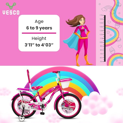 VESCO Super Girl 20T Cycle for Kids Girls with Balance Wheel & Back Carrier | Rigid Fork | Frame 12.5 Inch | Ideal for 6 to 9 Years Girls Kids Bike (Pink)