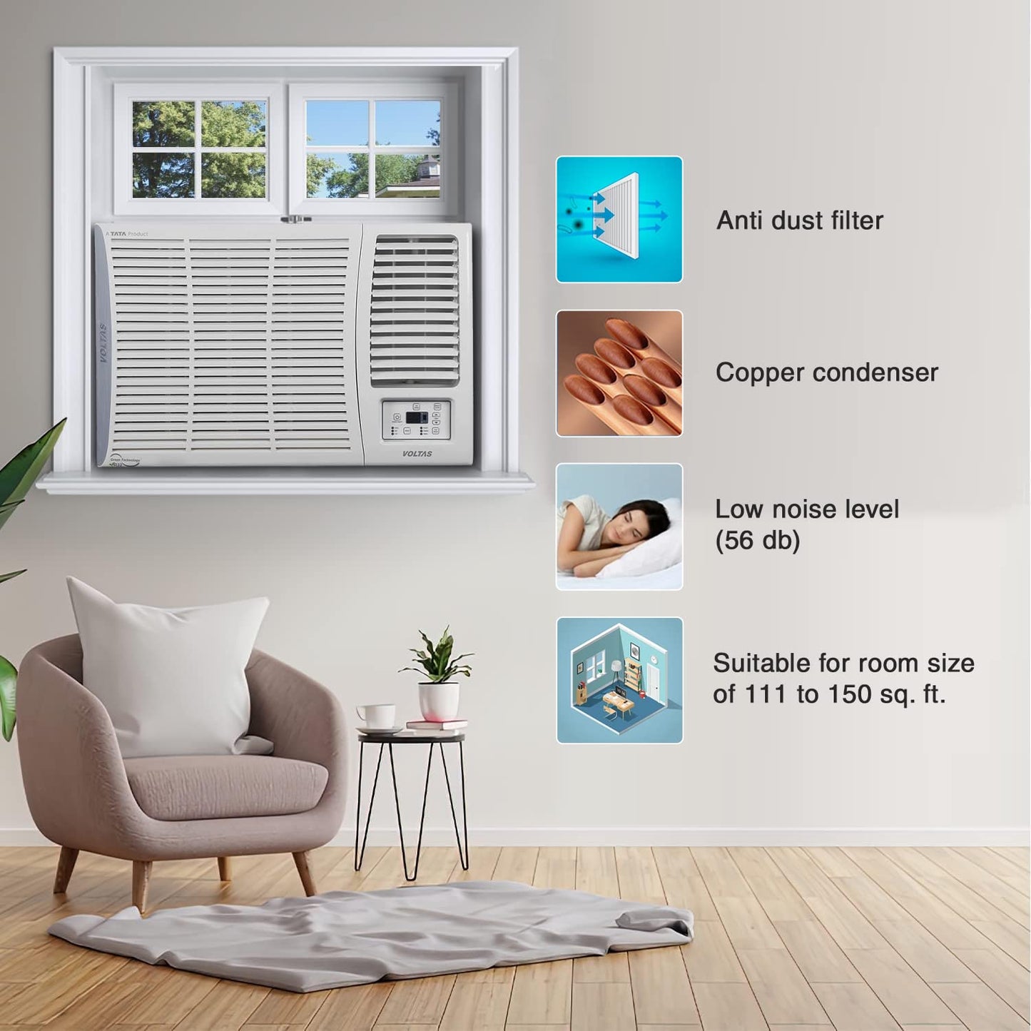Voltas 1.5 Ton 3 Star, Turbo Mode Window AC (Copper Condenser, Anti-Rust Coating, Anti-Freeze Thermostat, 2023 Model, AC 1.5T 183 Vectra Pearl, White)