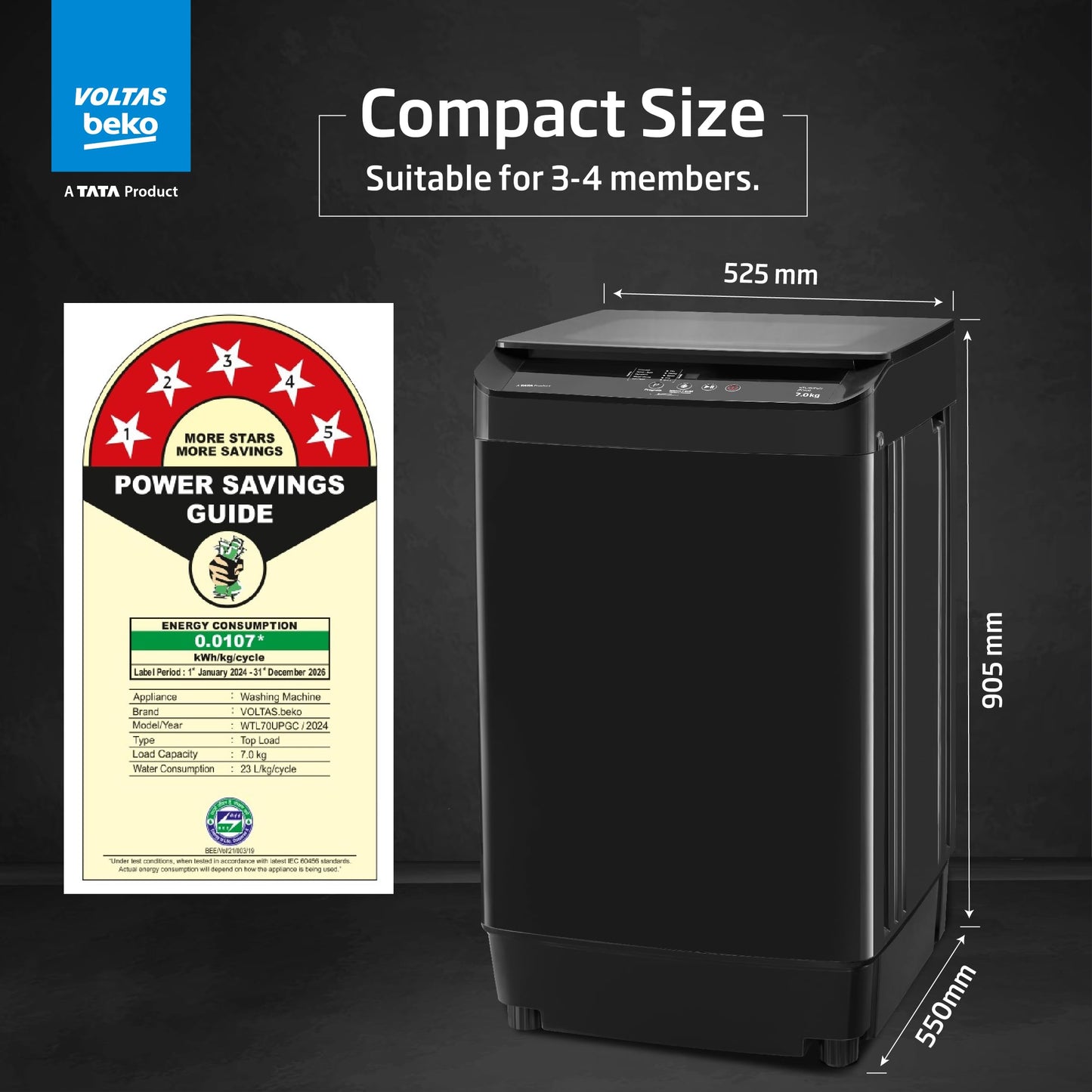 Voltas Beko, A TATA Product 7 kg 5 Star Eco Wash/Monsoon Dry Fully-Automatic Top-Load Washing Machine (2025 Model, WTL70, Water Reuse, Side Waterfall, Monsoon Dry, Dark Grey)