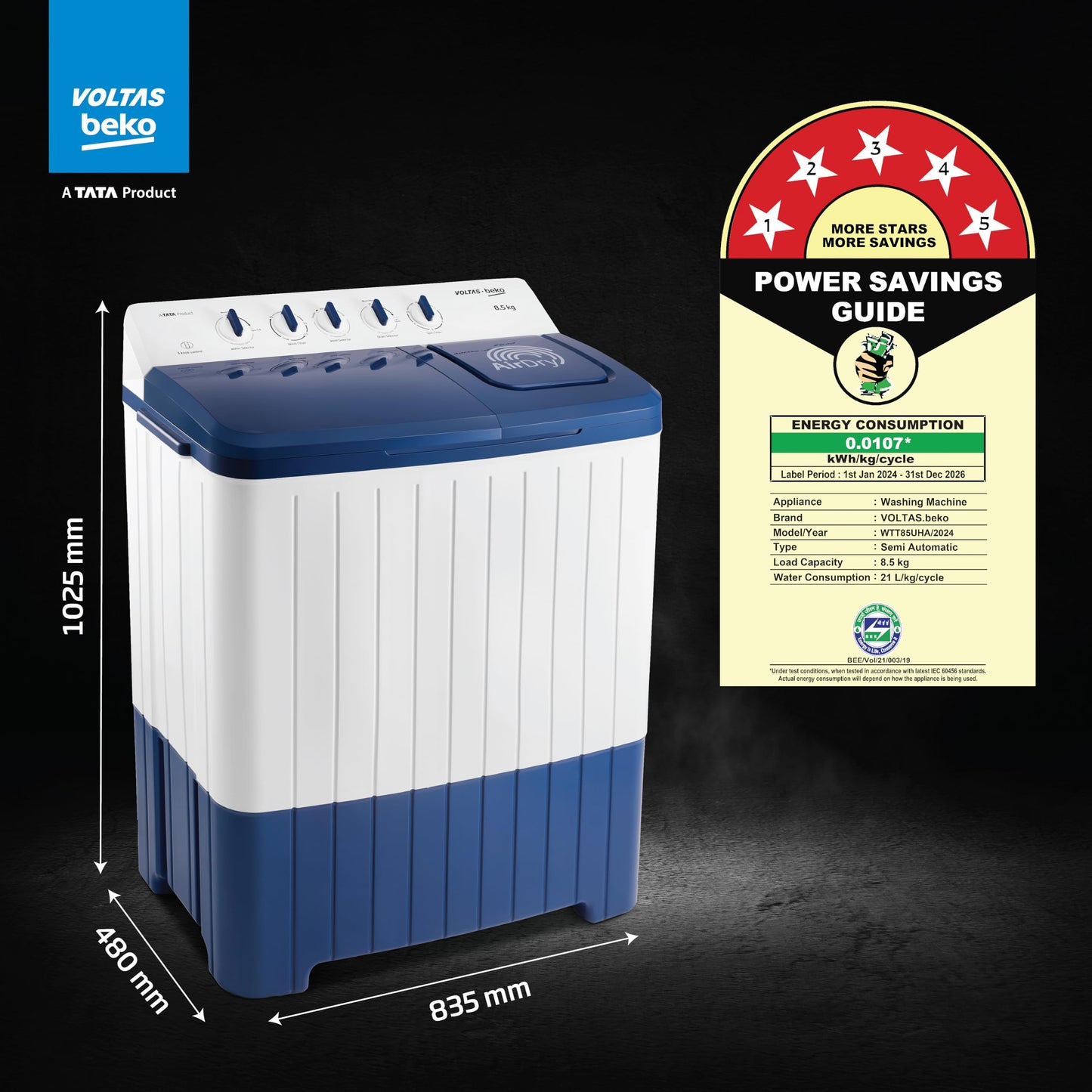 Voltas Beko, A Tata Product 8.5 Kg 5 Star Semi-Automatic Top Loading Washing Machine (2024 Model, WTT85UHA/OK5I0I0W01, Blue, Air Dry & Pulsator wash technology)