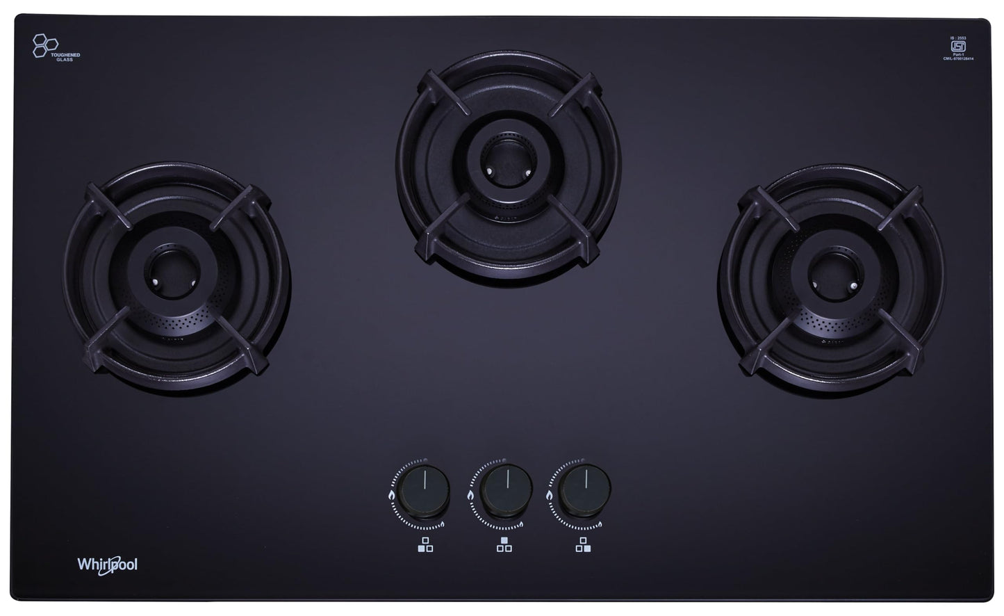 Whirlpool 75cm 3 Burner Auto Ignition Hob | EVOLVE HYBRID HD 753 BRASS | 8mm Toughened Glass | Forged Brass Burners | Black Glass Finish | 10-Year Glass & 5-Year Burner & Valve Warranty