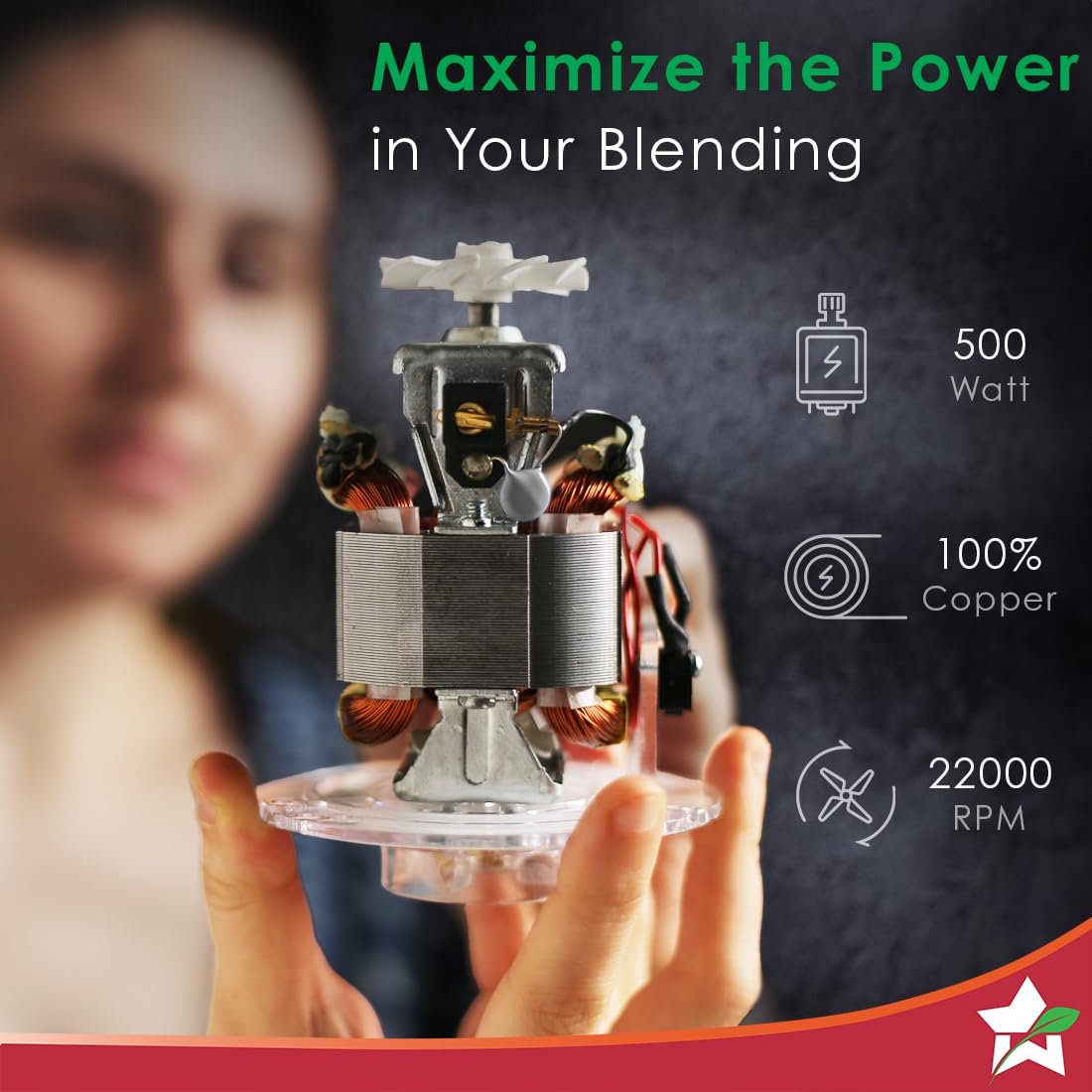 Wonderchef Nutri-blend Activ Mixer Grinder Blender, Smoothie Maker, 500W 22000 RPM 100% Full Copper Motor, 2 Unbreakable Jars, SS Blades, 2 Year Warranty, Recipe book by Chef Sanjeev Kapoor, Red