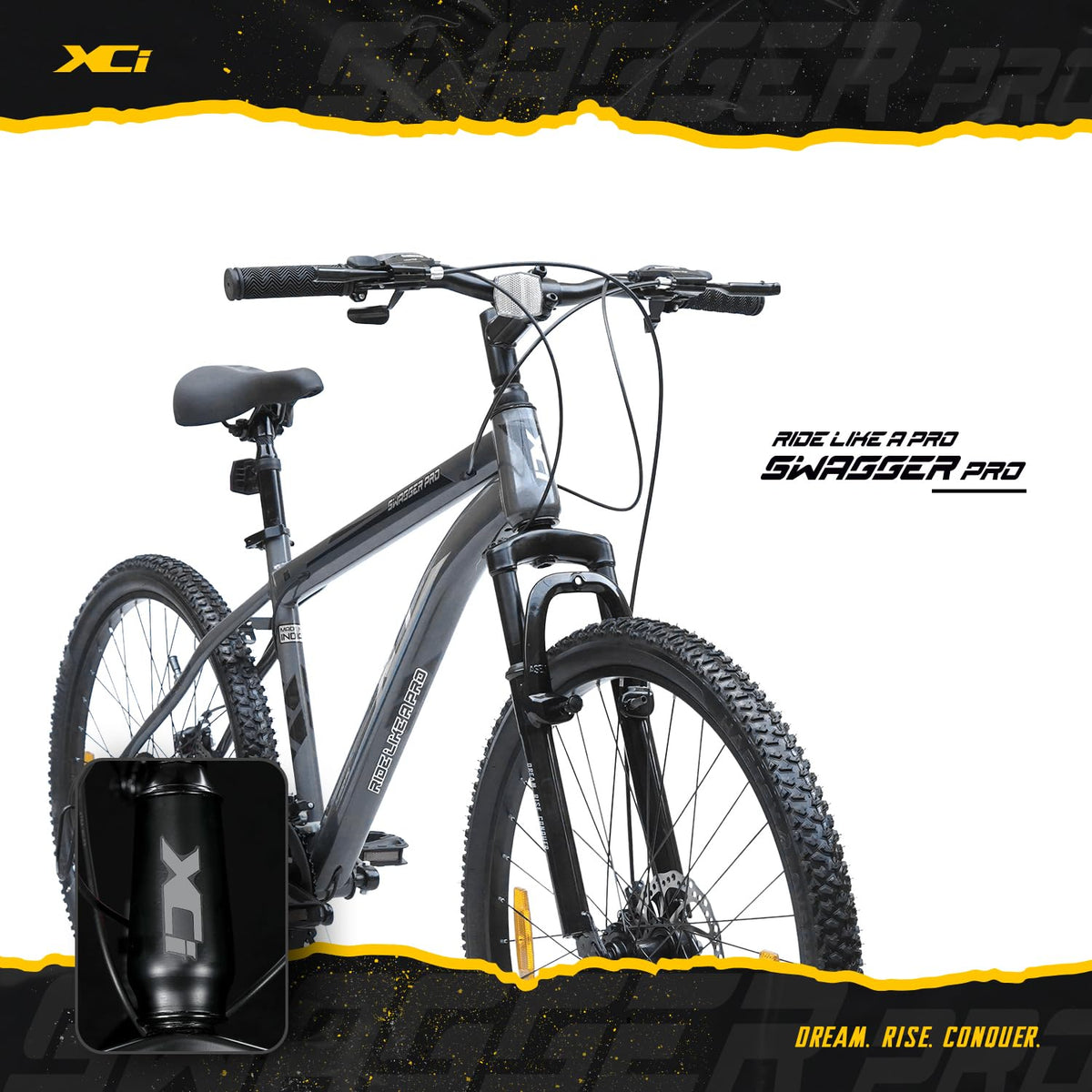 XCi Swagger Pro Mountain Bike | 26-Inch Tyres | 21-Speed Shimano Gears | Tuf Shox Suspension| Mechanical Disc Brakes | Youth 12+ Years |17-Inch Ultra Light Steel Frame | Black Grey