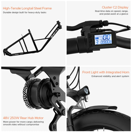 Xcape G1 Cargo Electric Cycle with Dual 48V 10.2Ah Removable Batteries | 250W Motor | Up to 100 km Range | Heavy-Duty Longtail Frame | Front Suspension | 90% Assembled | Powered by EMotorad (Black)