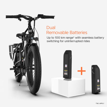 Xcape G1 Cargo Electric Cycle with Dual 48V 10.2Ah Removable Batteries | 250W Motor | Up to 100 km Range | Heavy-Duty Longtail Frame | Front Suspension | 90% Assembled | Powered by EMotorad (Black)