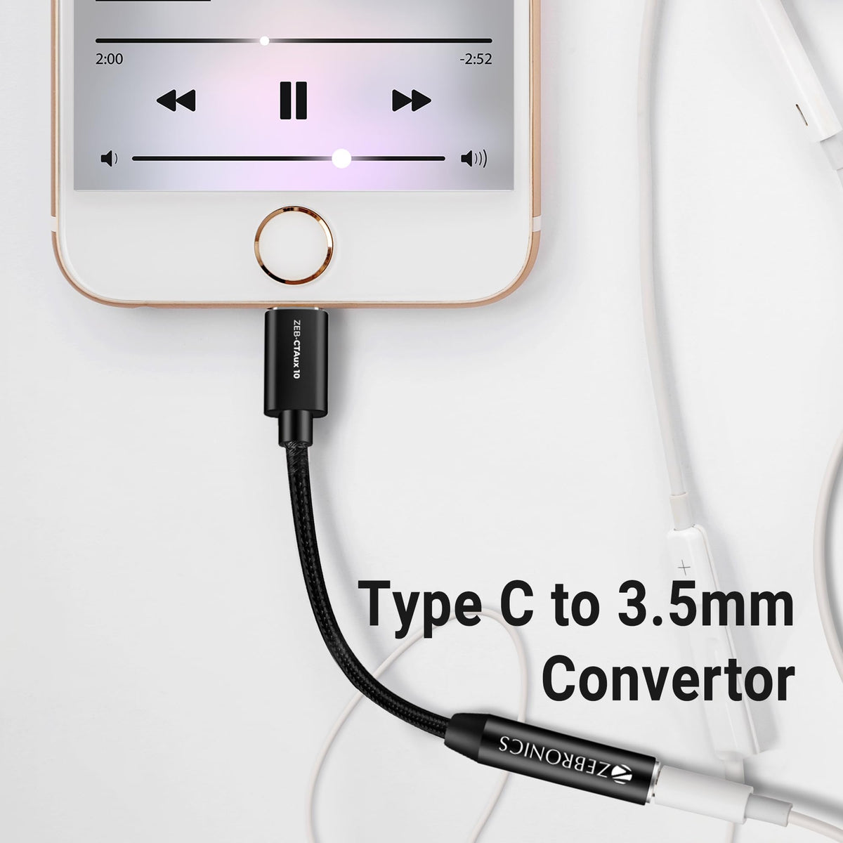 ZEBRONICS CTAux10 Type C to 3.5mm Converter, Built-in DAC Chip, Supports Mic & Audio, Metal Body, Braided Cable, for iPhone 16 series, 15 series, Samsung, Android & Type C Smartphones, Tablets, Laptop