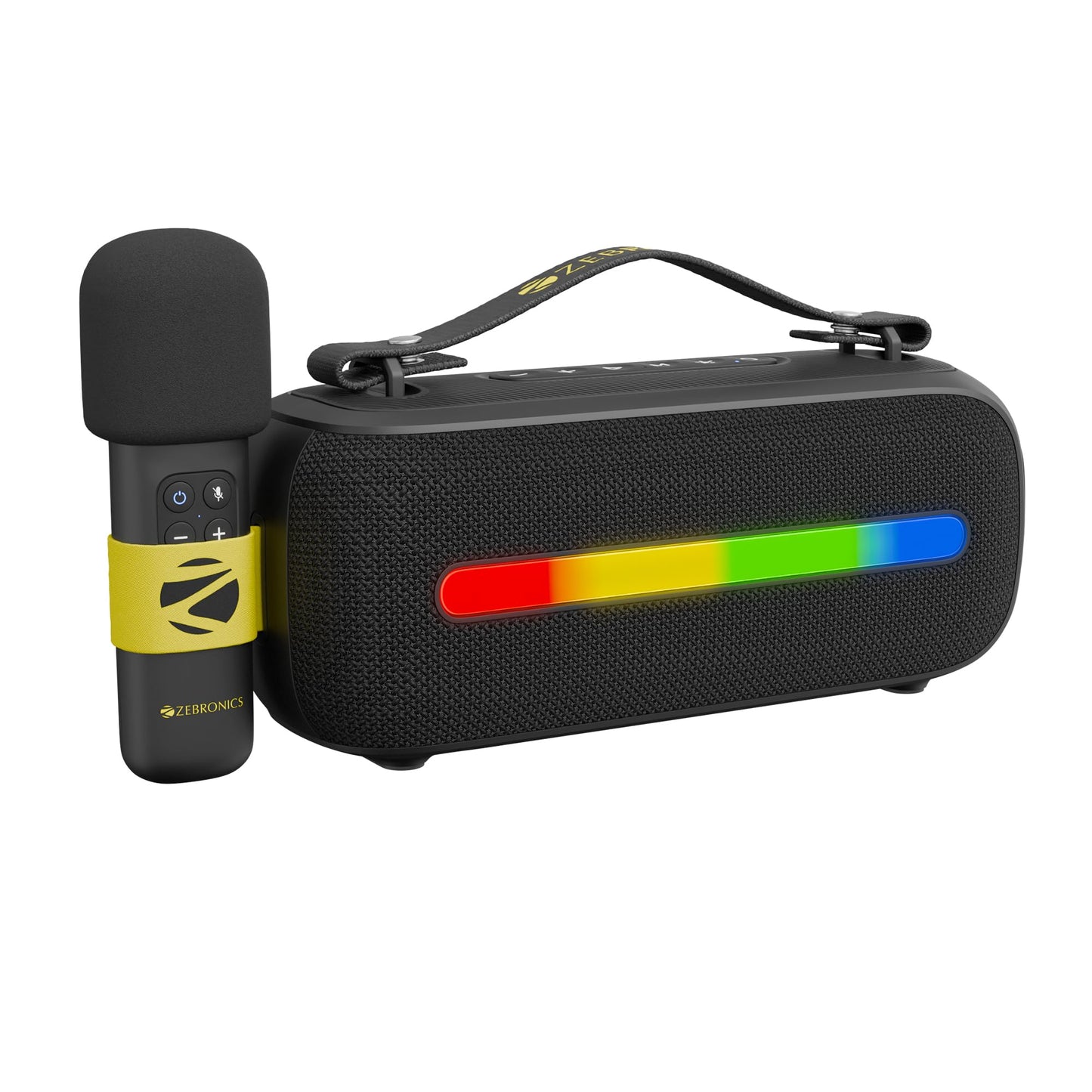 ZEBRONICS Sound Feast 80, Portable Bluetooth Speaker, 20 Watts, Upto 7h Backup, Bluetooth | USB, Karaoke, RGB LED Strip, Included Wireless Microphone, Detachable Carry Strap