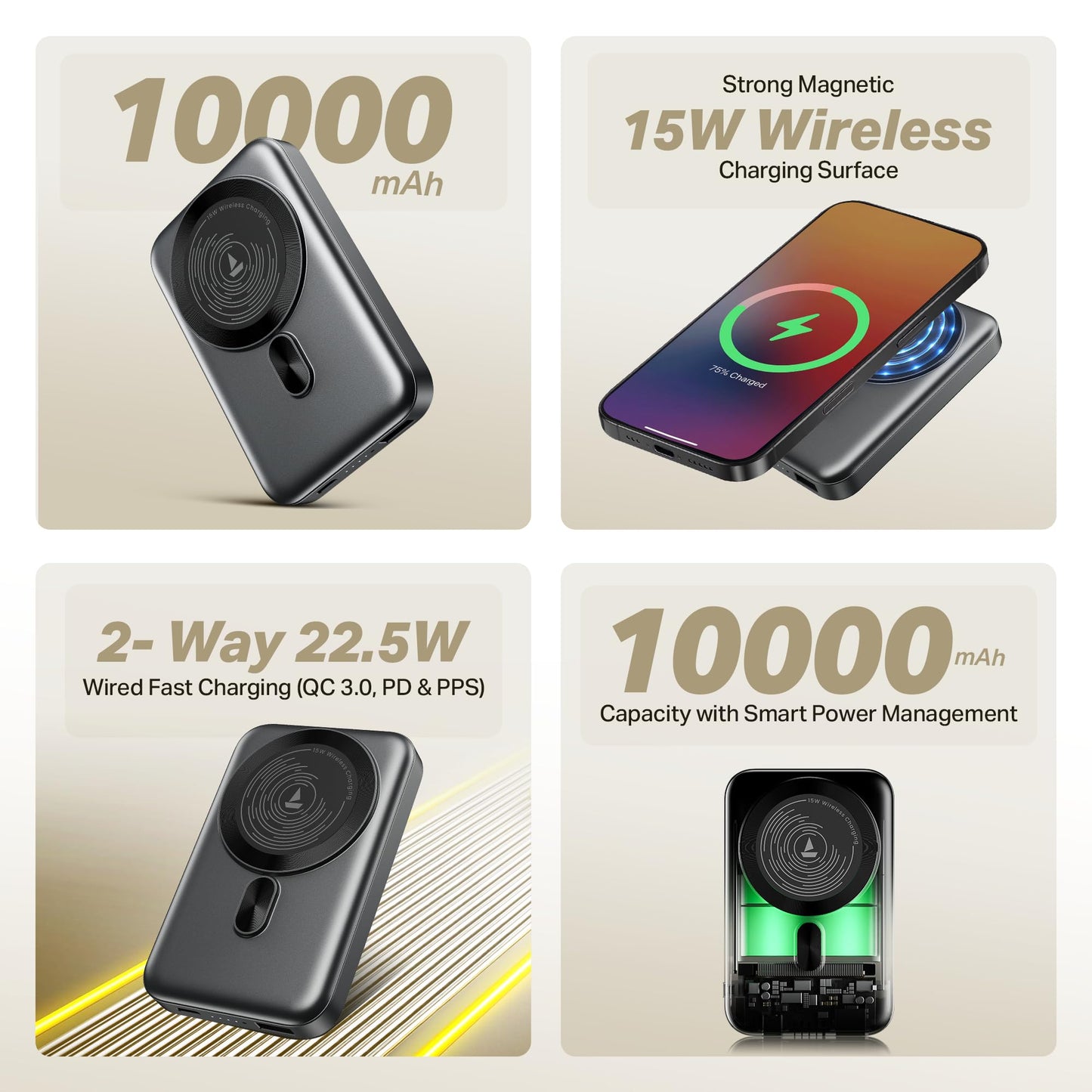 boAt New Launch EnergyShroom PB331 (Magsafe) 10000mAh Magnetic Wireless Powerbank, 15W Wireless & 22.5W Wired Charging for (iPhone 16,15,14,13 & 12, Android & Other Qi Enabled Devices) (Ash Black)