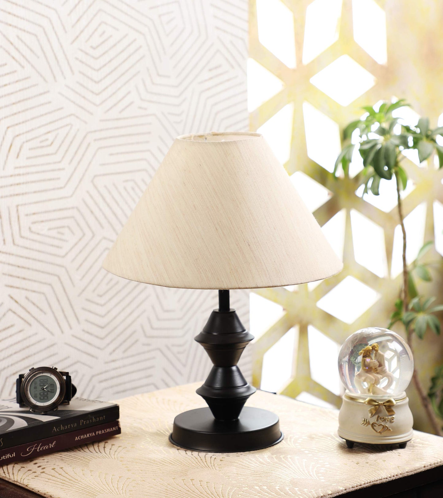 tu casa Off White Cotton Shade with Black Metal-Iron Base Table Lamp | Elegant Bedside & Desk Lamp for Bedroom, Living Room, Office, Home Décor & Gifting (Height : 13 Inch/No Blub Included)