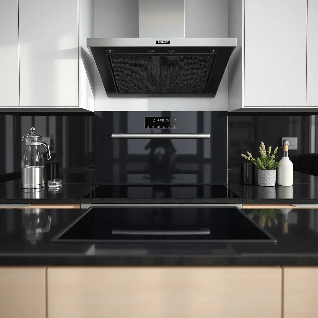 Built-in black glass finish stove in a modern kitchen with glossy reflective surface and minimal design