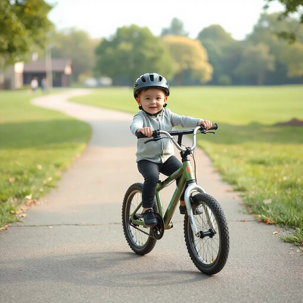 Child wearing a helmet on a non geared kids bike at a park path
