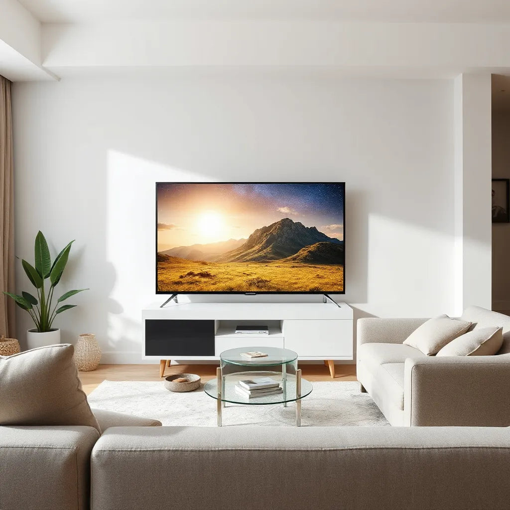 65-inch flat-screen TV in a modern living room, showing a crisp 4K scene with subtle comparison cues