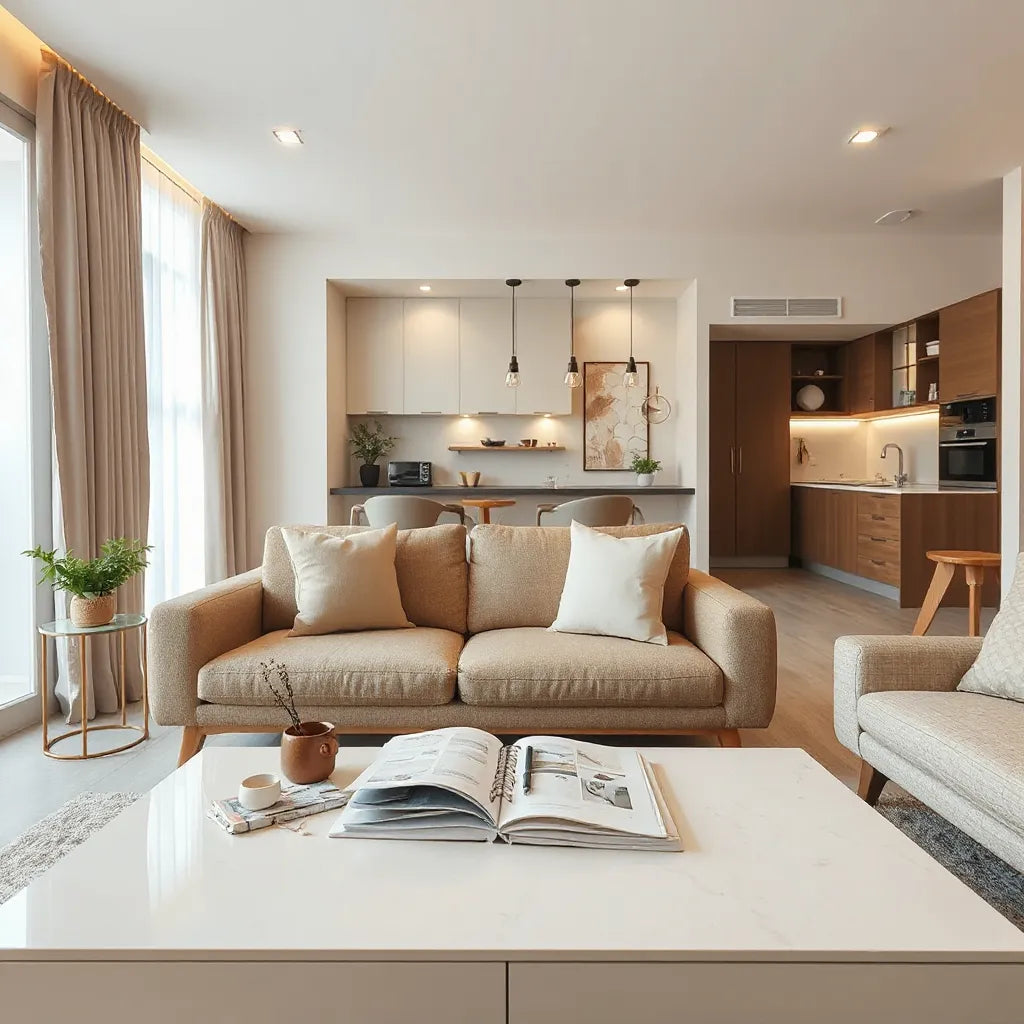 Modern Gurgaon living room with elegant interiors, designer materials, and warm lighting