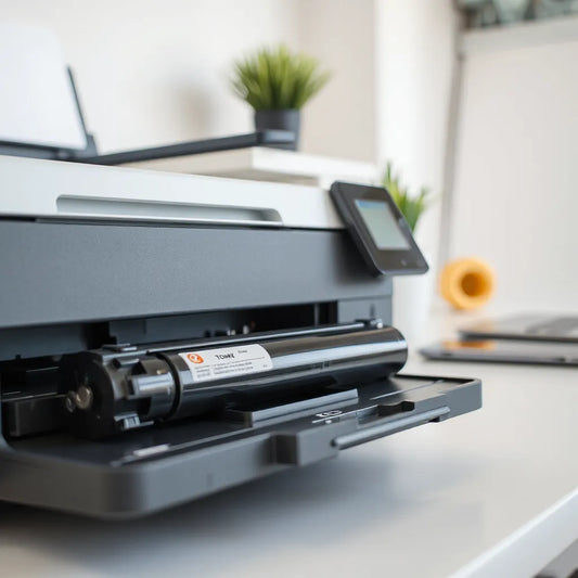Toner cartridge next to a laser printer tray on a clean desk for compatibility checking