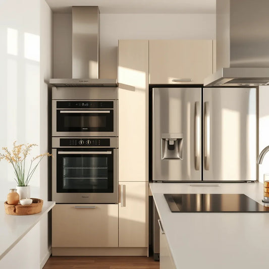 Modern kitchen with sleek stainless and black appliances like a cooktop, oven, and range hood in warm daylight