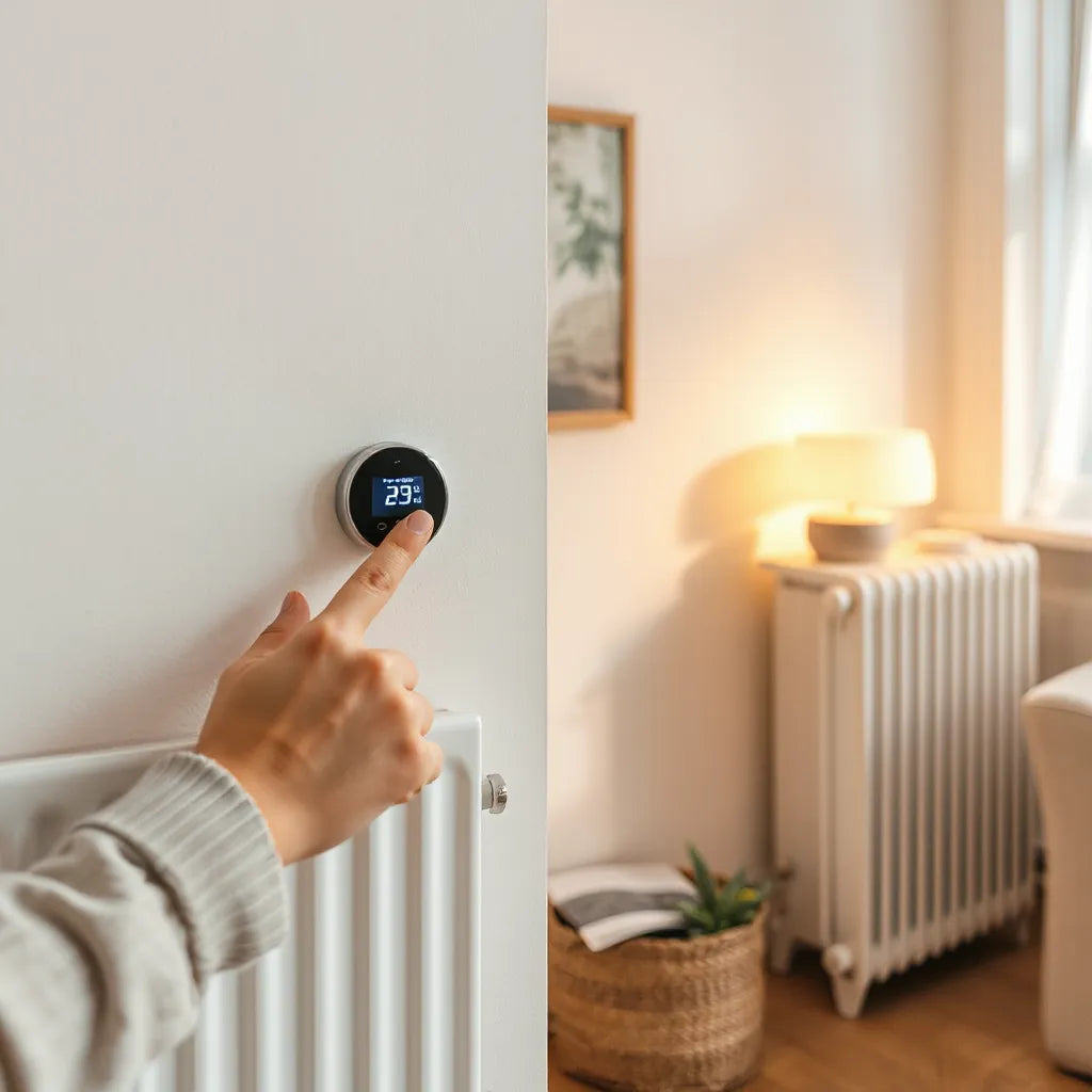 Hand adjusting a thermostat next to a radiator in a cozy living room for comfortable heating