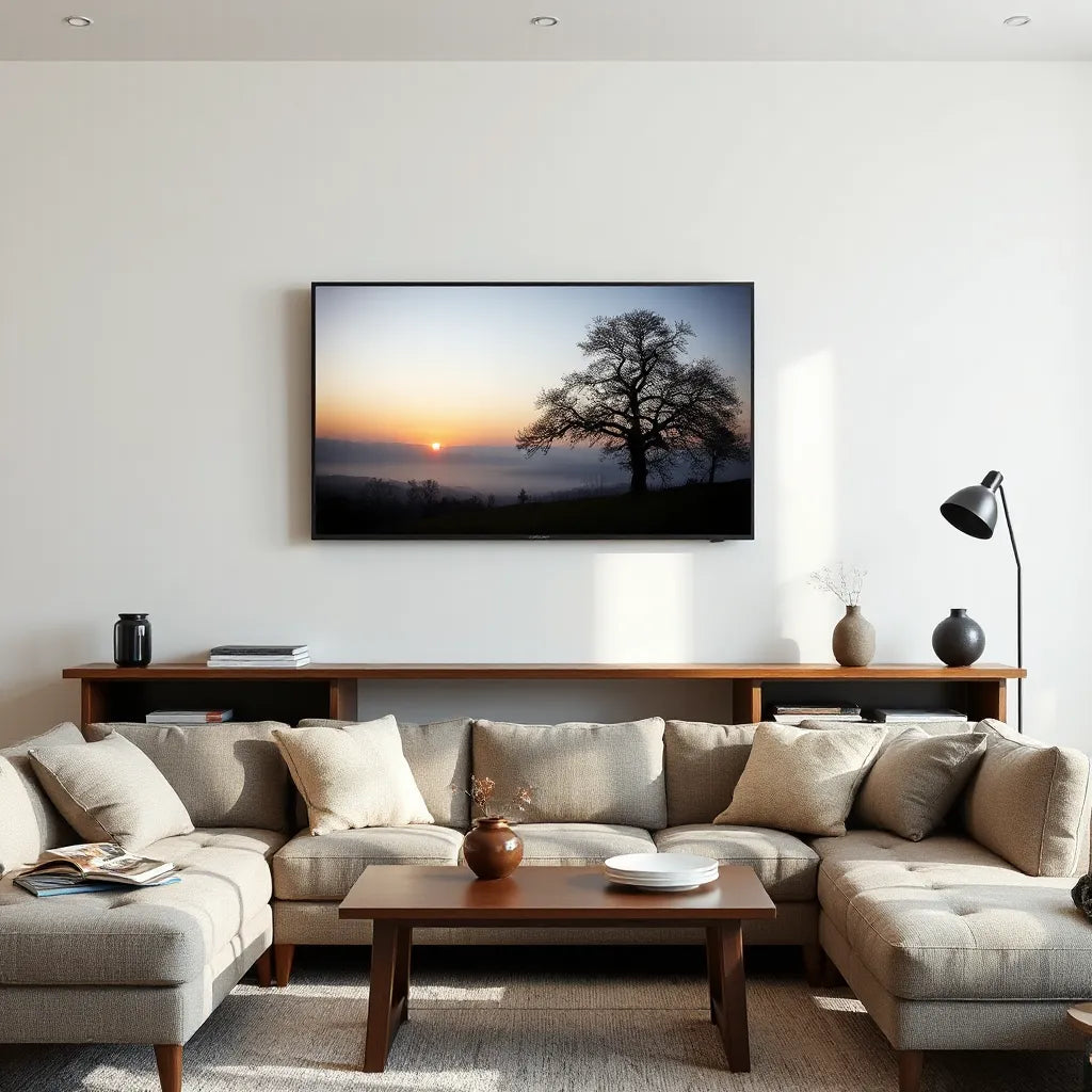 Wall-mounted 65 inch TV displaying crisp 4K visuals in a modern living room