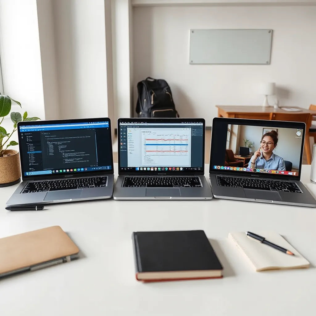 Lightweight laptops on a study desk with notebooks and a backpack for student-ready learning setups