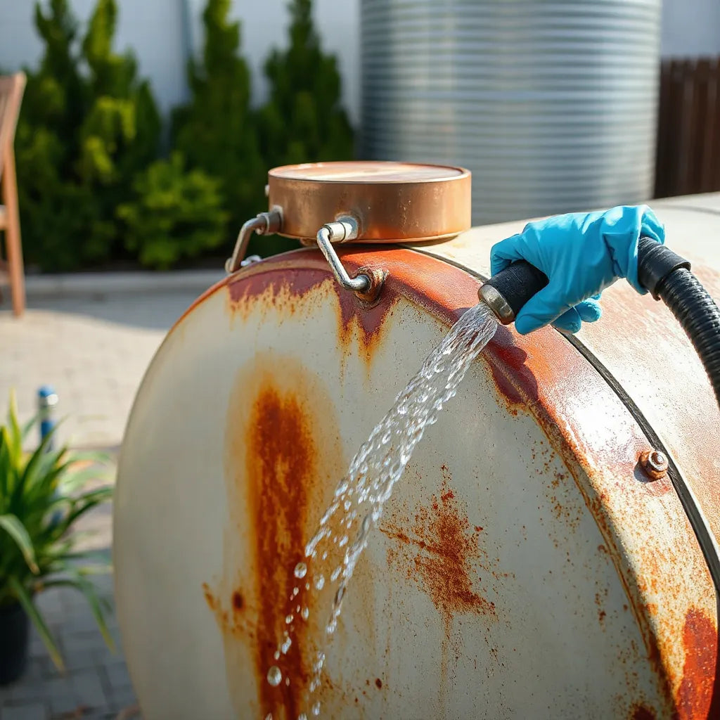 Anti-rust coated metal tank surface being cleaned with gloves to prevent corrosion
