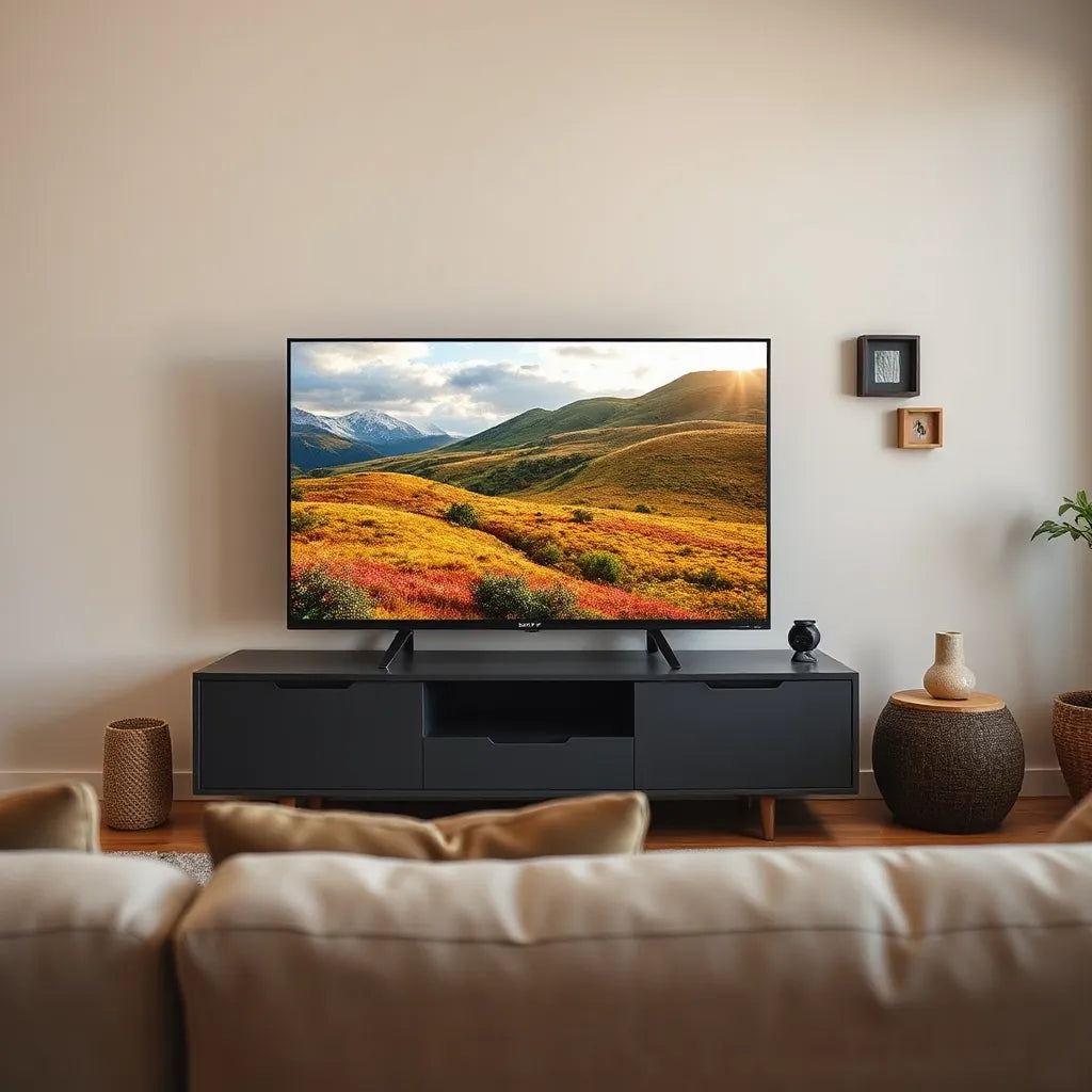 Modern Sony Bravia TV displaying a clear nature scene in a cozy living room