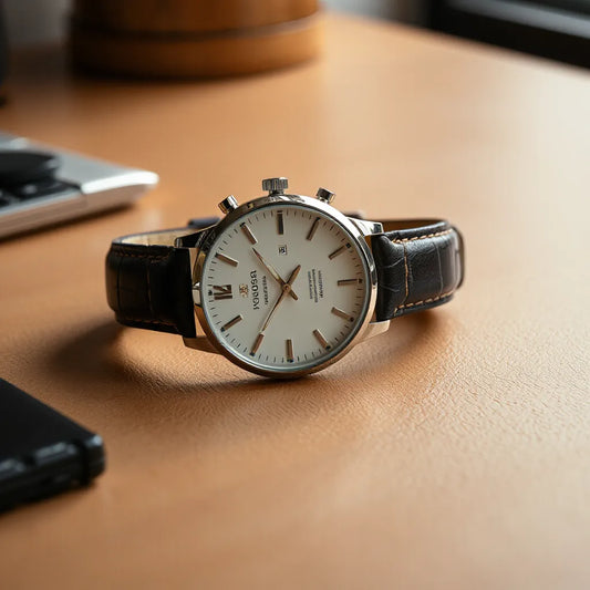Men’s wristwatch with a sleek metal case and leather strap on a minimalist desk