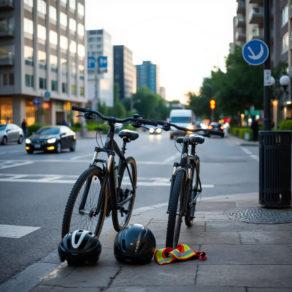 Urban riding bikes parked on a city street with helmets and reflective safety gear nearby
