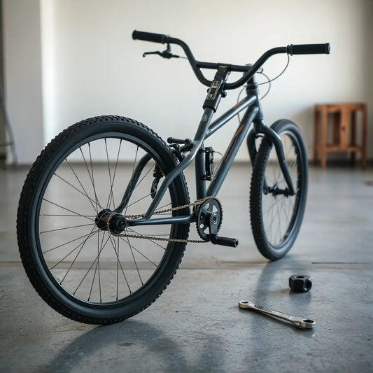 Semi assembled BMX bike with tools and visible bolts ready for safe setup