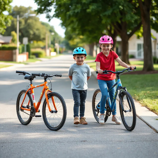 Two children wearing helmets beside properly sized boys and girls bicycles on a quiet street