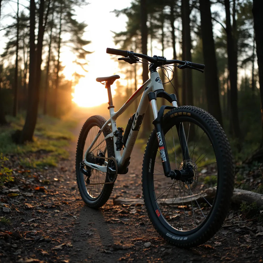 Trail-ready mountain bike on a forest path with knobby tires and visible front suspension