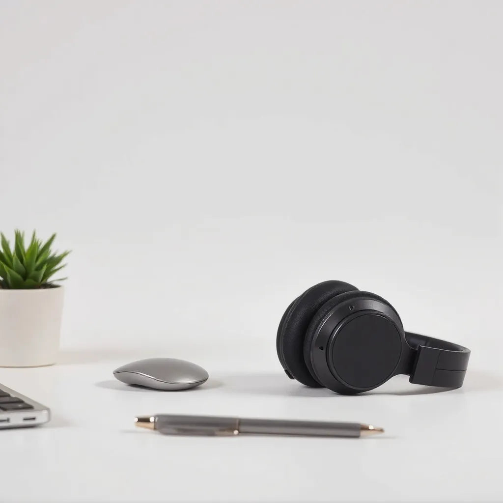 Sleek wireless over-ear headphones with cushioned ear pads on a minimalist desk