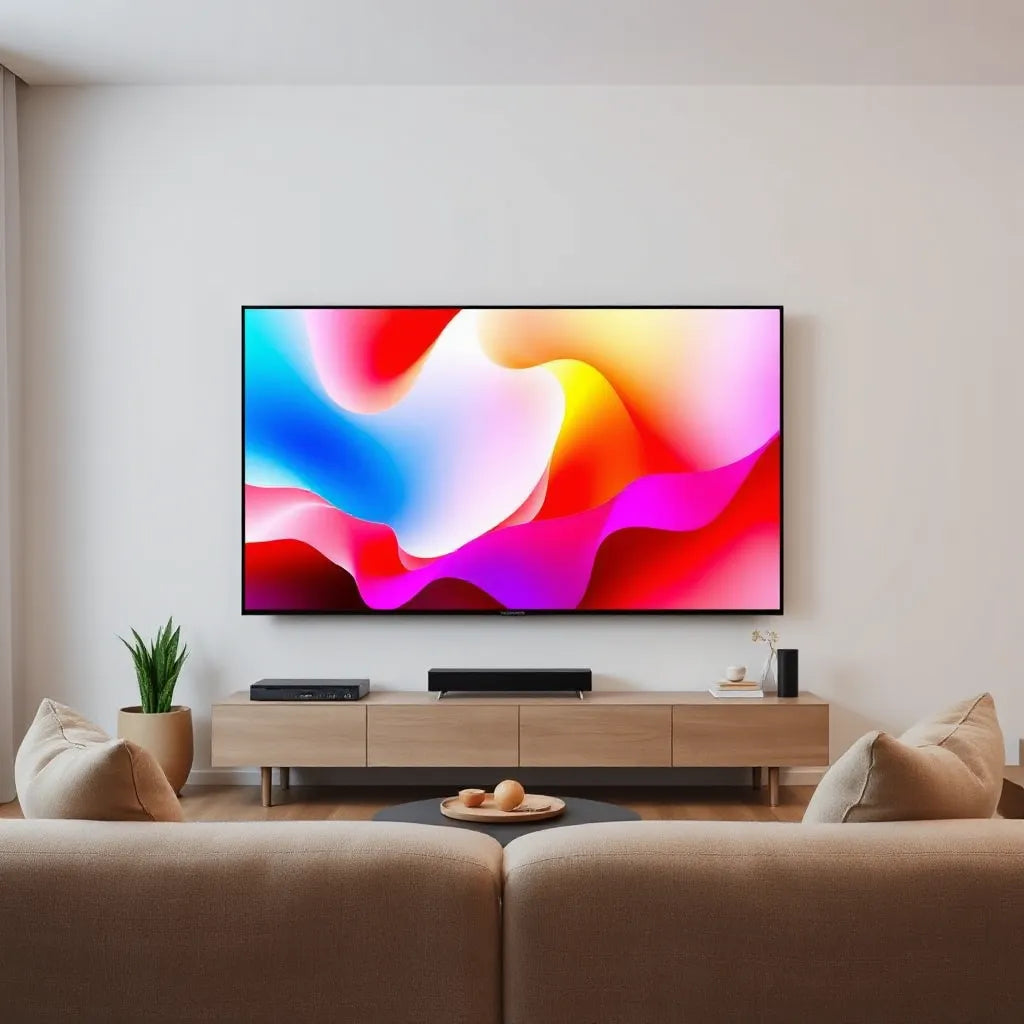Living room with a large 65-inch flat-screen TV displaying a cinematic scene for budget TV comparison