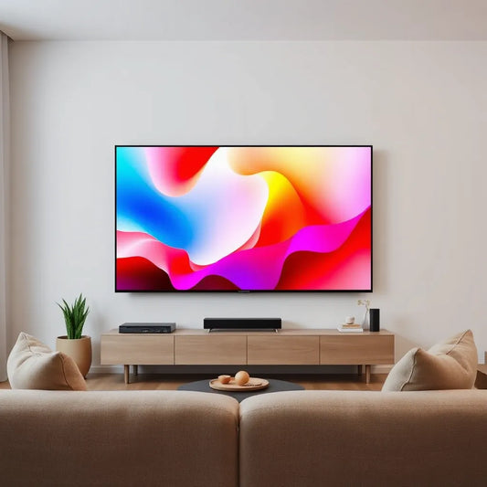 Living room with a large 65-inch flat-screen TV displaying a cinematic scene for budget TV comparison
