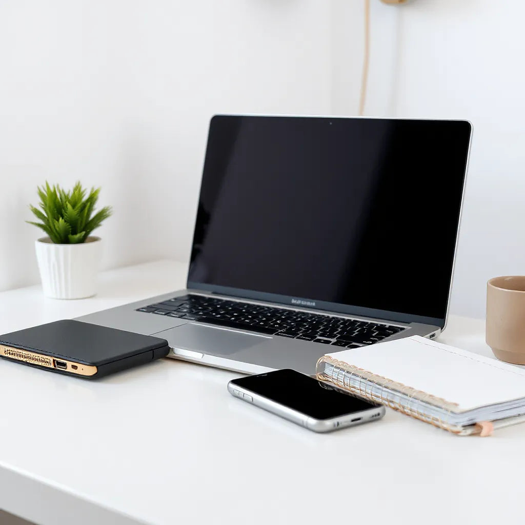 Budget laptop on a desk with minimal accessories, showing a clean setup for choosing laptops under 20000