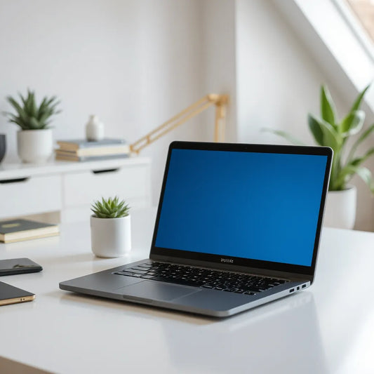 Convertible laptop on a desk in a modern workspace showing tent and tablet viewing angles