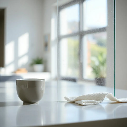 Microfiber cloth wiping a toughened glass surface for a streak-free shine